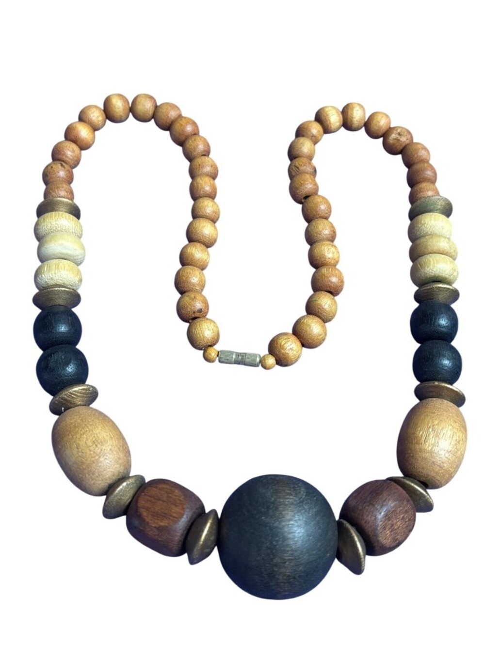 Vintage Boho Wooden Graduated Beaded Necklace Multicolor 22 inches Long
